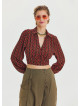 Patterned Shirt Collar Long Sleeve Red Crop Blouse 4431
